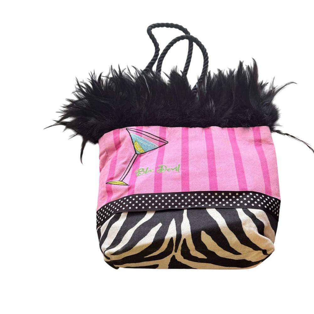 Vintage Blue Devil Pink Striped Martini Zebra Trim Faux Fur Tote Purse - Picture 2 of 9